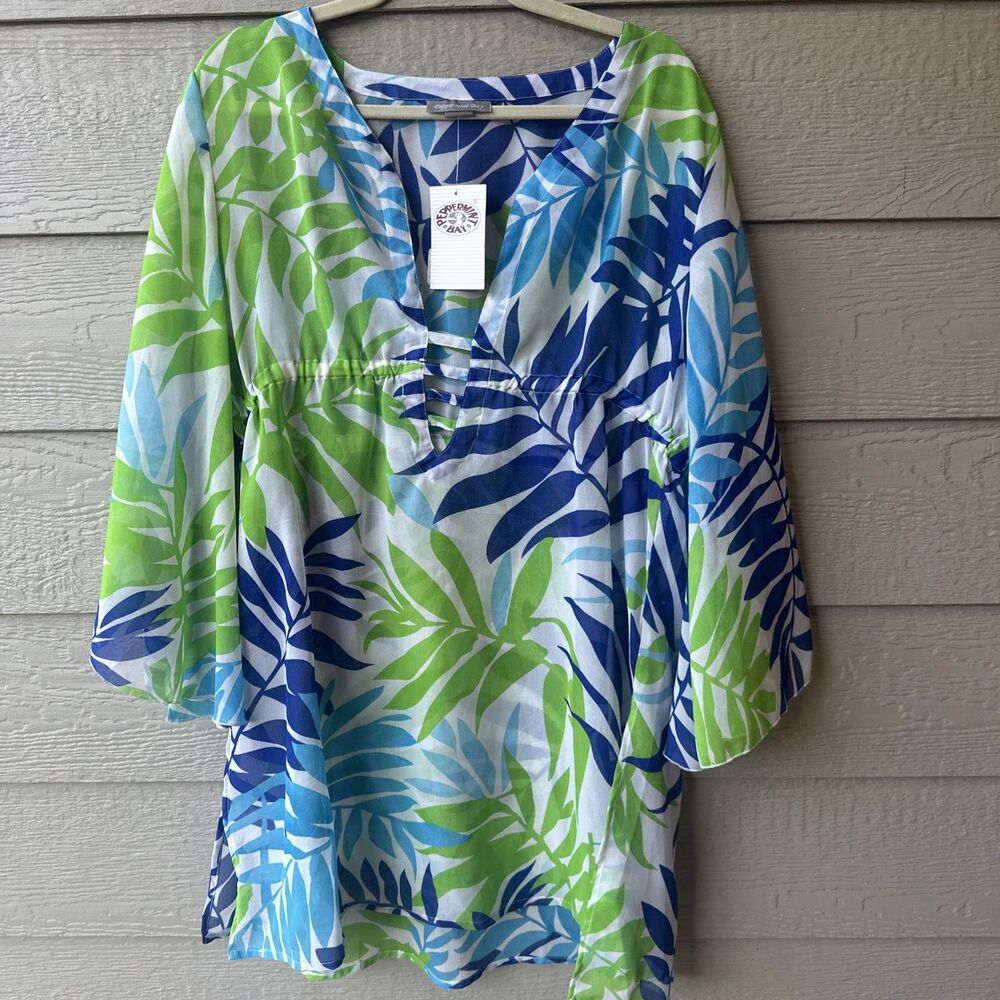 Peppermint Bay Women’s Blue Green Leaf Print Tropic Palm Swim Cover Up Sz XL
